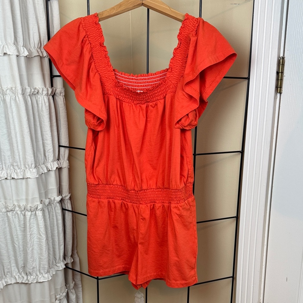 Womens J. Crew Factory Vibrant Orange Romper Smocked Square Neck Flutter Sleeve